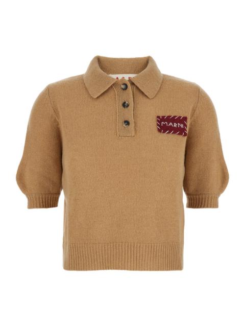 Marni Women Beige Polo Sweater With Classic Collar And Logo Patch On The Front In Cashmere Woman