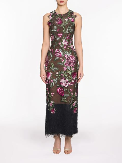 Marchesa EMBROIDERED FRINGE MIDI DRESS