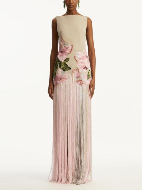 Oscar de la Renta Sleeveless Embroidered Fringe Gown
