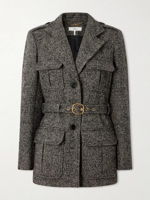 Chloé Belted Herringbone Wool-blend Jacket