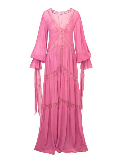 LoveShackFancy Lyvienne Lace-Trimmed Chiffon Maxi Dress berry