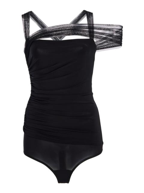 NENSI DOJAKA Tulle-Detailed Ruched Jersey Bodysuit black