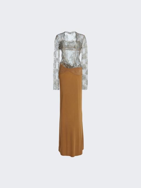 CHRISTOPHER ESBER Sepienne Lace Suede Belted Jersey Gown Metallic Khaki And Deep Sand