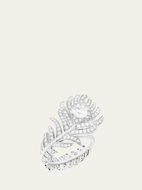 Boucheron Small 18K White Gold Plum de Paon Feather Ring with Diamonds