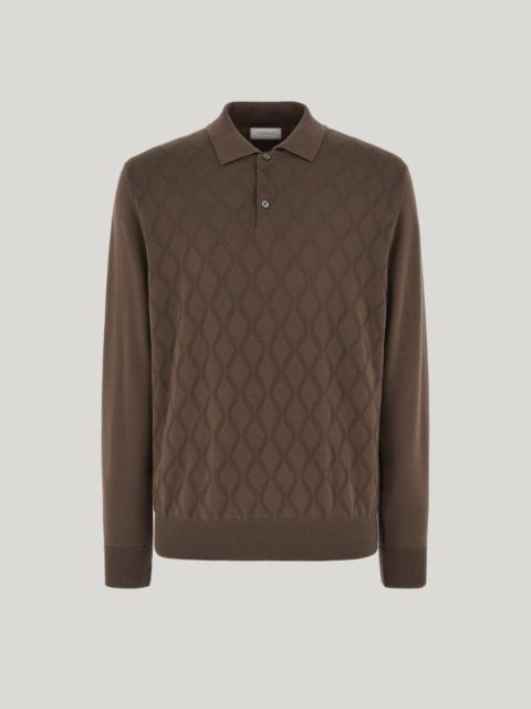Canali WALNUT EXTRAFINE MERINO WOOL POLO WITH DIAMOND TEXTURE AND FAUX PATCHES