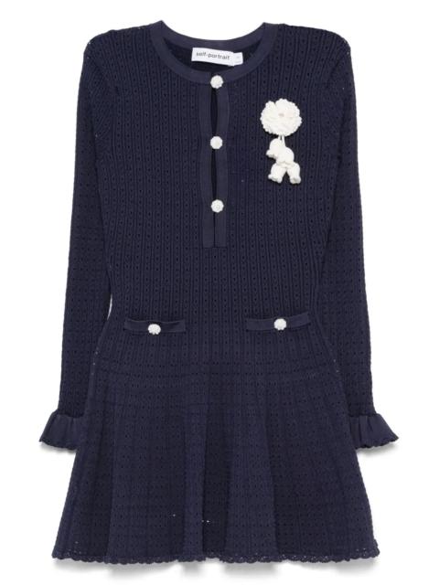 self-portrait Short Dress In Openwork Knit With Removable Lace Brooch