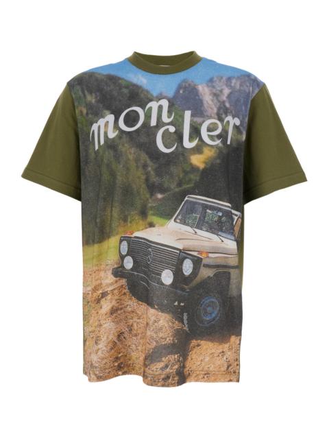 Moncler Moncler Genius Men Green Crewneck T-Shirt With Logoed Motif And Car Print In Cotton Jersey Man