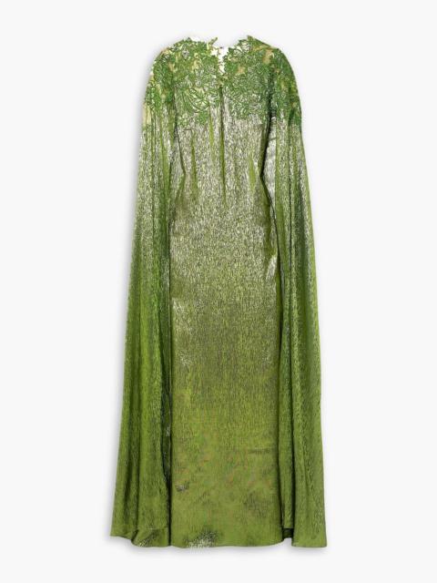 Oscar de la Renta Cape-effect embellished silk-blend lamé gown
