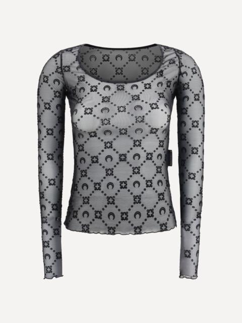Marine Serre Moonogram Mesh Flock Long Sleeves Roundneck Top