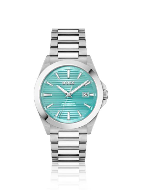 BOSS SILVER-TONE WATCH WITH GROOVED TURQUOISE DIAL