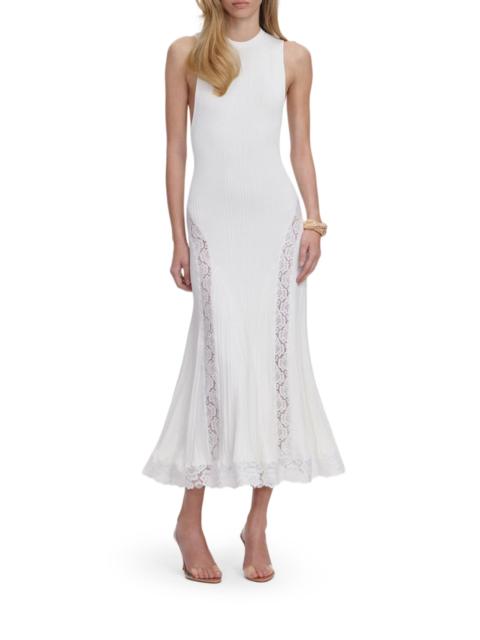 self-portrait WHITE KNITTED MIDI DRESS WITH LACE INSERTS