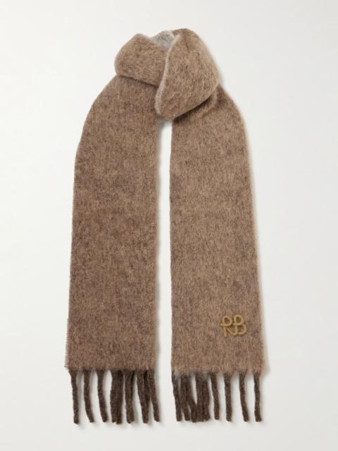RUSLAN BAGINSKIY Appliquéd fringed knitted scarf Taupe