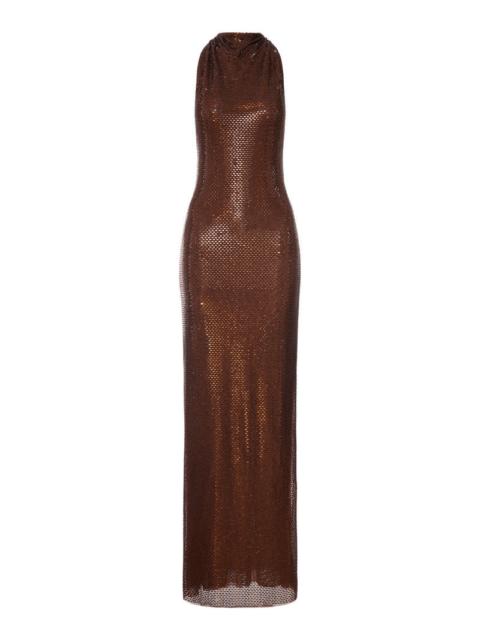 self-portrait Self-Portrait Women Long Brown Dress With Rhinestone And Halter Neckline