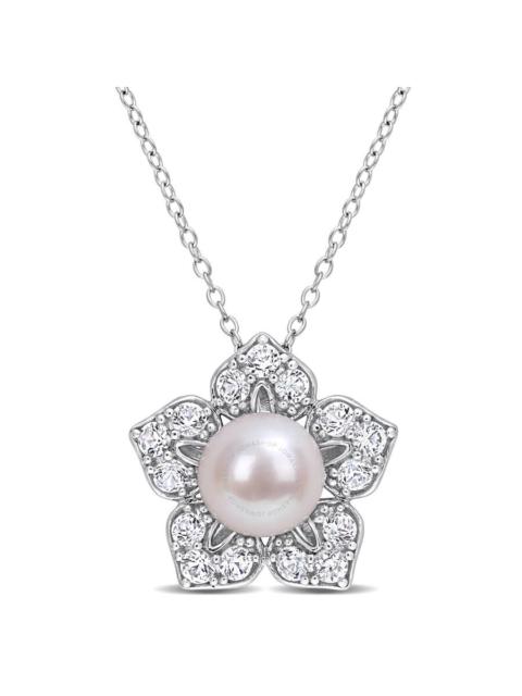 Other Designers AMOUR 8-9mm White Freshwater Cultured Pearl and 1 1/3CT TGW Created White Sapphire Flower Pendant wi