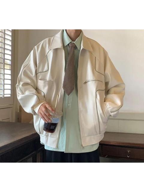 Japanese Brand - Beige Color Casual PU Leather Jacket Men