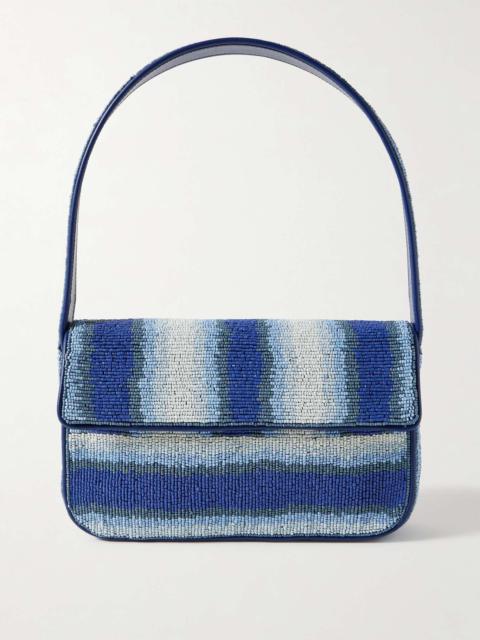 Tommy vegan-trimmed bead-embellished embroidered satin shoulder bag Blue