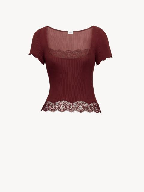 SAINT LAURENT LACED SQUARE-NECK T-SHIRT IN RIBBED SILK JERSEY