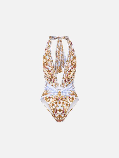 CAMILLA PLUNGE FRONT HALTER ONE PIECE WITH TRIM