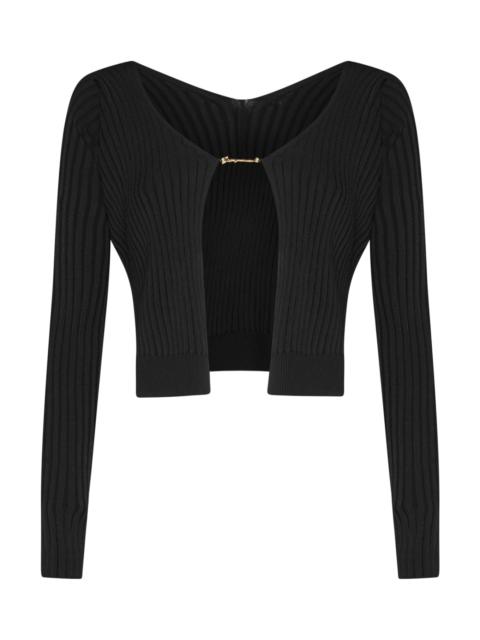 'la Maille Pralu Longue' Black Ribbed Cardigan With Logo Charm Woman