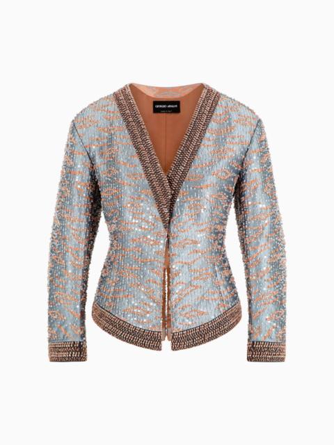 GIORGIO ARMANI SINGLE-BREASTED SHORT JACKET IN AN EMBROIDERED SILK BLEND