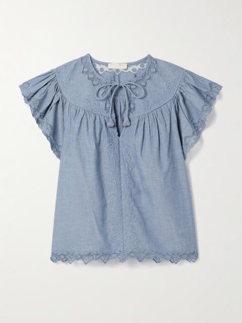ULLA JOHNSON Effie Embroidered Mesh-trimmed Cotton-chambray Blouse