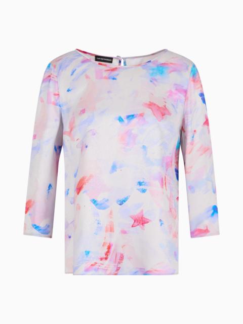 EMPORIO ARMANI Blouse with three-quarter sleeves in satin crêpe with a watercolour-effect fancy print