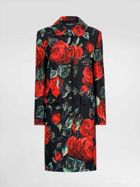 Single-breasted rose-print cotton jacquard coat
