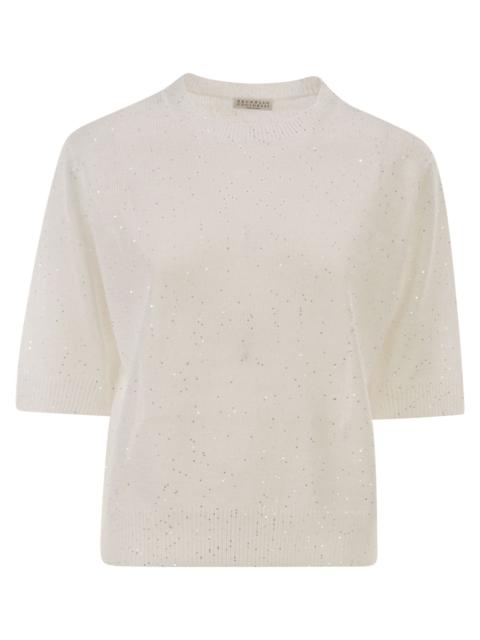 Brunello Cucinelli Brunello Cucinelli Women Short-Sleeved Crew Neck Jumper In Linen And Cotton With Sequins
