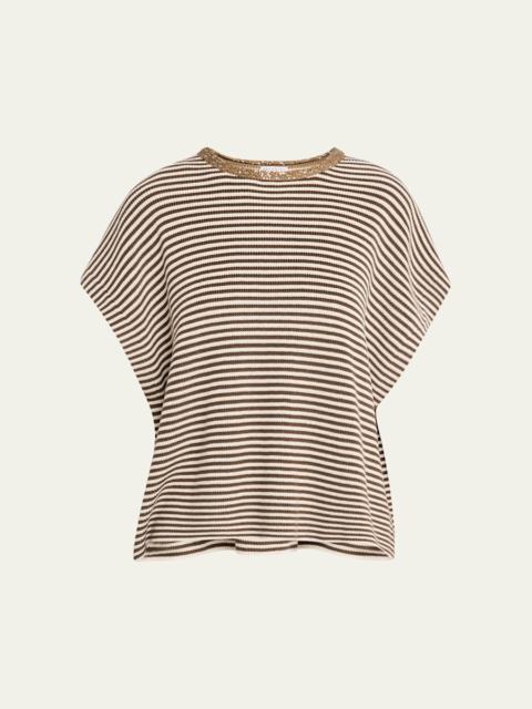 Brunello Cucinelli Striped Cotton Short-Sleeve Paillette-Neck Sweater