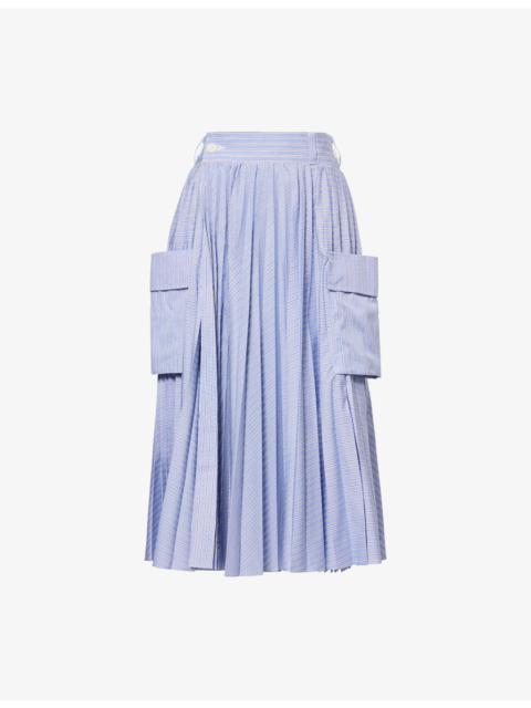 sacai Striped Pleated Cotton-Blend Midi Skirt