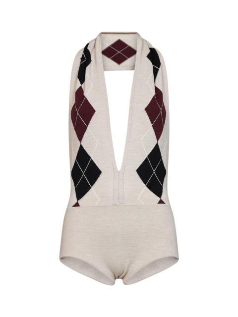 MUGLER Mugler Women Beige Argyle-Pattern Virgin Wool Knit Bodysuit
