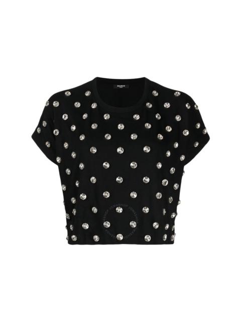 Balmain Balmain Ladies Ehv Noir / Crystal Crystal-Embellished Cotton T-Shirt