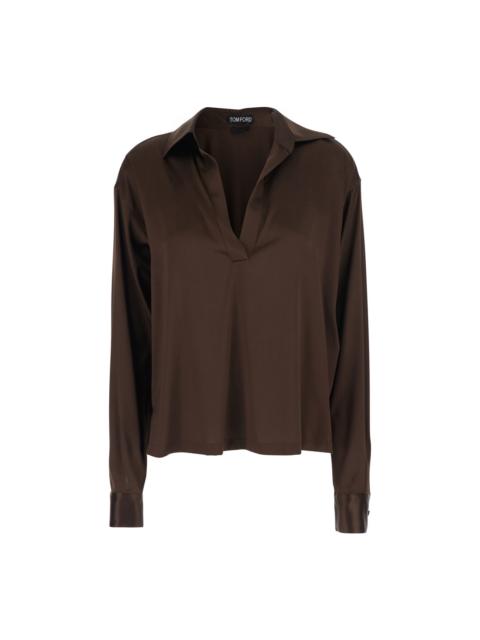 TOM FORD Brown Blouse With V Neck And Wide Pointed Collar In Silk Stretch Woman