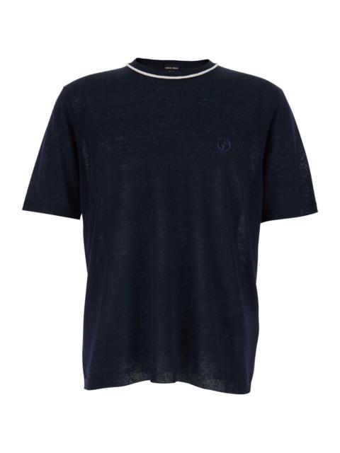 GIORGIO ARMANI Giorgio Armani Men Blue Crew Neck T-Shirt With Tone-On-Tone Logo On The Front In Linen And Silk Blen