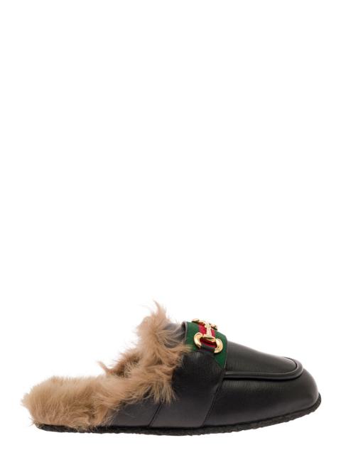 GUCCI Gucci Men Black Slipper With Web And Horsebit Detail In Leather And Fur Man
