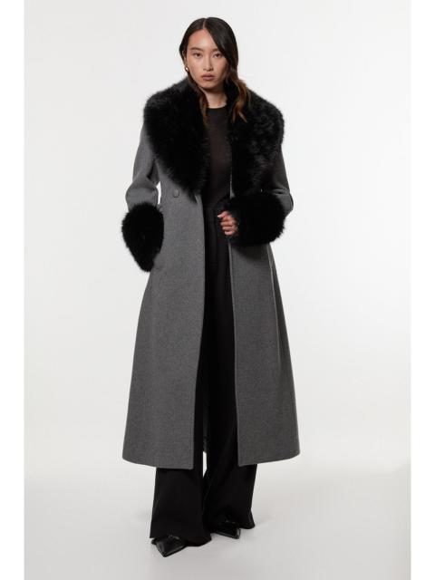 KAREN MILLEN Wool Blend Detachable Faux Fur Belted Midi Coat