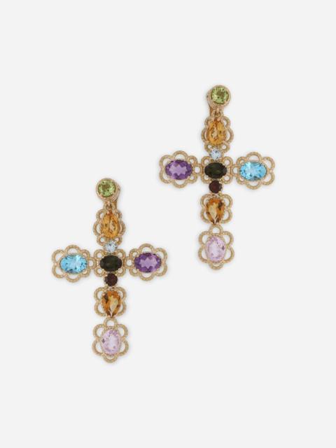 Dolce & Gabbana 18 kt yellow gold clip-on earrings with pin and with multicolor fine gemstones