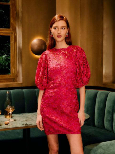 FARM RIO Pink Flowered Lace Puff Sleeve Lined Mini Dress