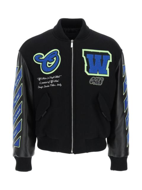 Off-White Oversize Varsity Bomber Jacket In Black Leather