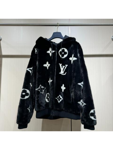 Louis Vuitton Louis Vuitton (LV) Black Mink Fur Hooded Jacket with All-Over Logo Print