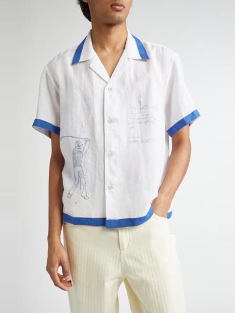 BODE Bode Club Champion Short Sleeve Linen Camp Shirt in White/Blue at Nordstrom
