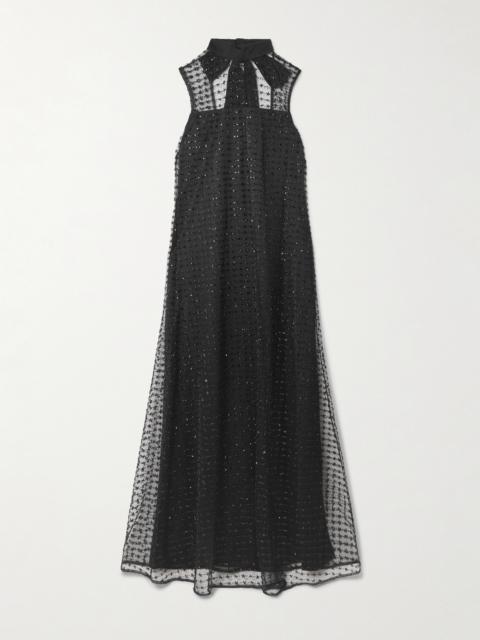 STAUD Albee Embellished Tie-detailed Faille-trimmed Tulle Maxi Dress