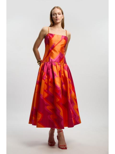 KAREN MILLEN Abstract Print Twill Contrast Strappy Woven Maxi Dress