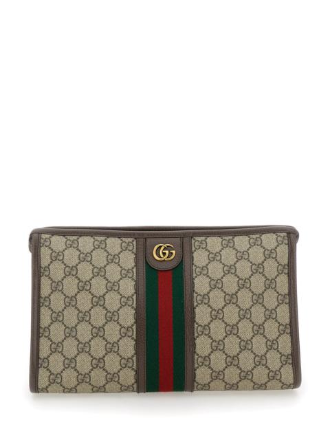 Gucci Men 'Ophidia Gg' Beige And Ebony Pouch With Web Detail In Gg Supreme Canvas Man