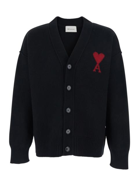 AMI Paris Ami Paris Men Black Cardigan With V Neck And Adc Embroidery On The Front In Wool Man