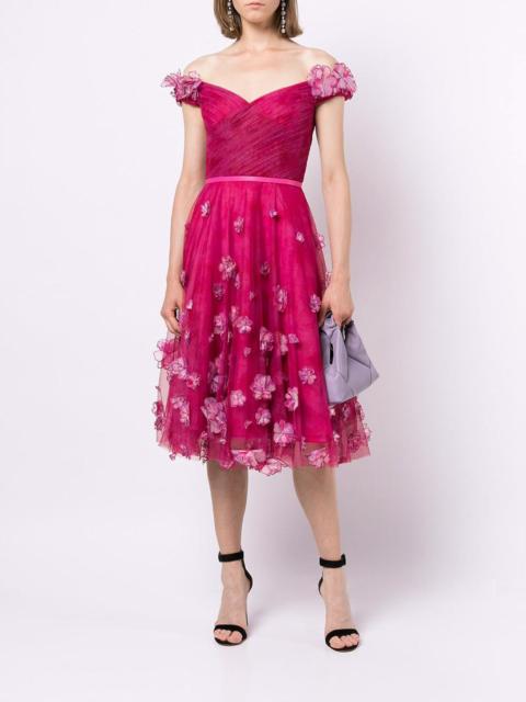 Marchesa OFF SHOULDER COCKTAIL WITH OMBRE 3D FLOWERS