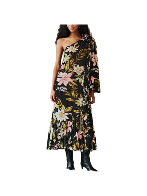 FARM RIO FARM Rio Surreal Flowers Black One Shoulder Ruffled Maxi Dress