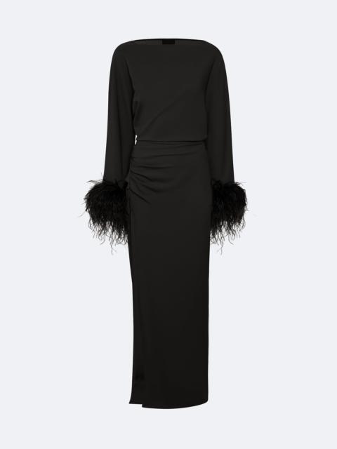 LAPOINTE Stretch Drape Crepe Off The Shoulder Dress With Feathers