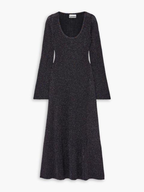 GANNI Metallic ribbed-knit midi dress