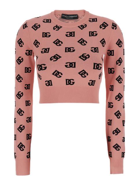 Dolce & Gabbana Women Pink Crop Sweater With All-Over Printed Dg Logo In Viscose Blend Woman